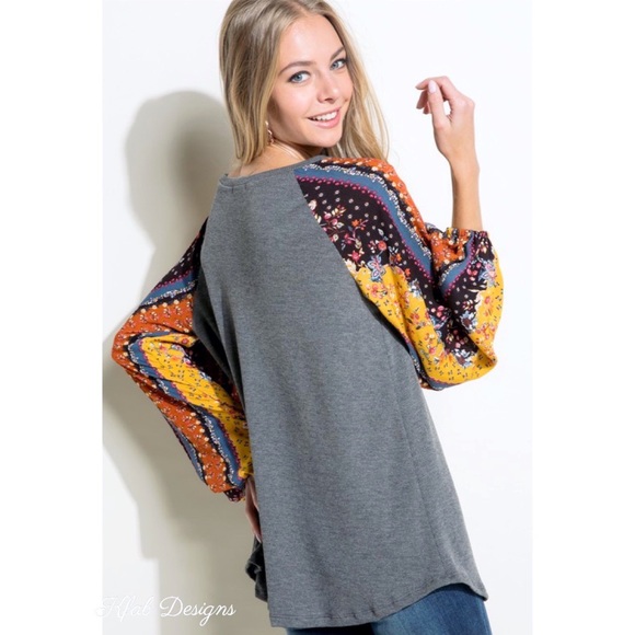 ❤️LAST 1! Boho Floral Mix Puff Sleeve Ribbed Knit Super Soft Top! - Picture 5 of 7
